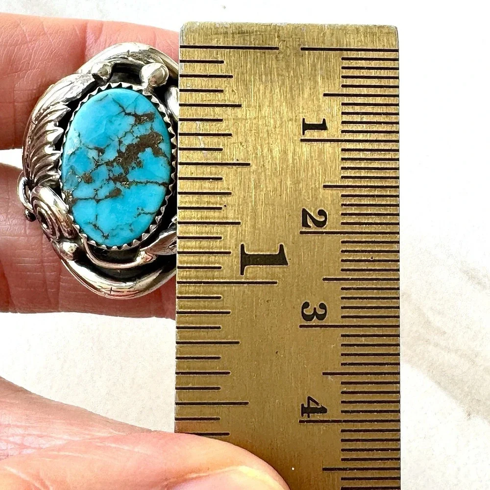 Navajo Turquoise Mens Ring Sz 11 Leaf Feather Signed Morgan Sterling Native Amer